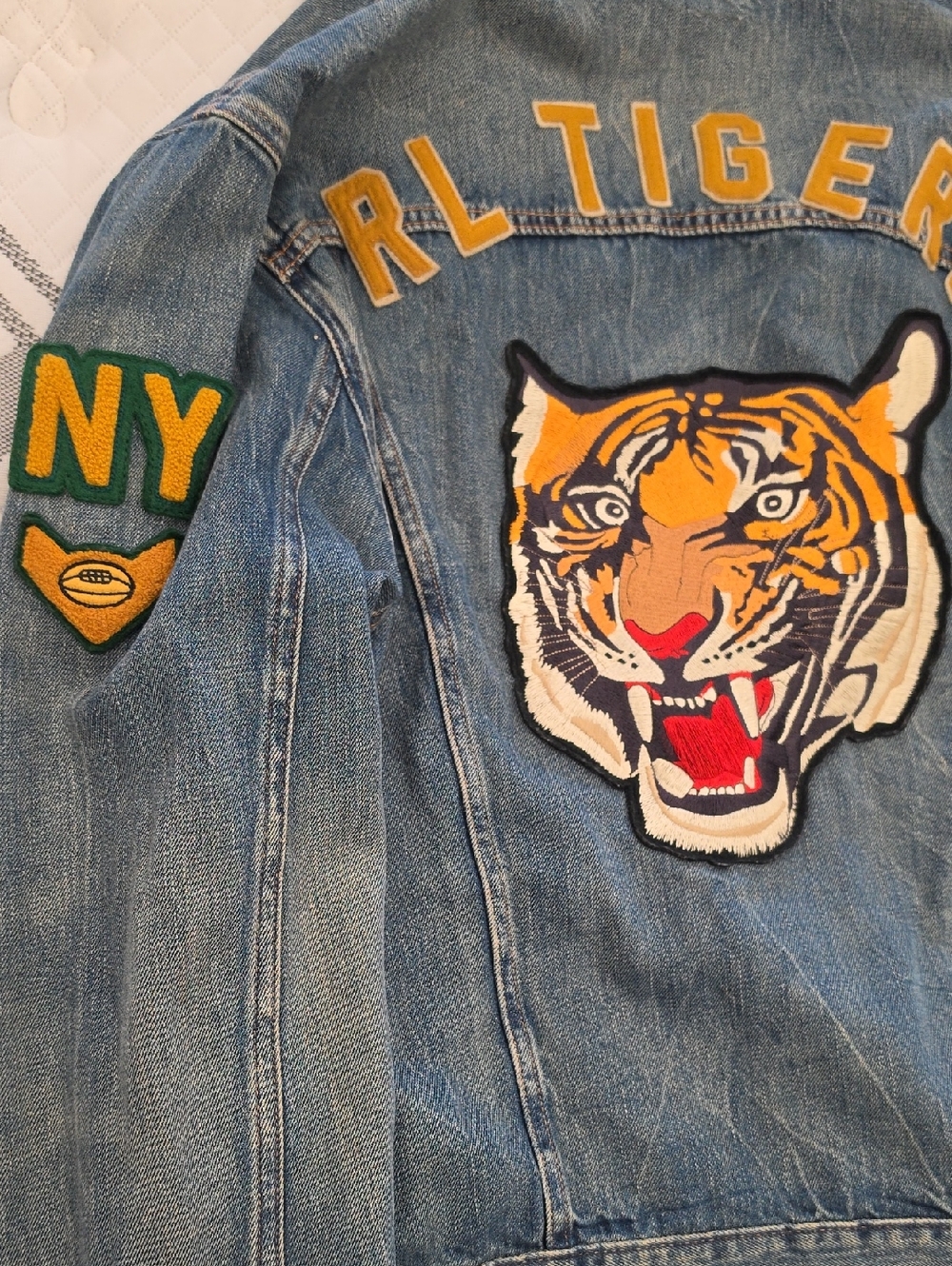 POLO Ralph Lauren Blue Denim TIGER Patch FOOTBALL LETTERMAN JACKET•Large•RARE! - Picture 6 of 15